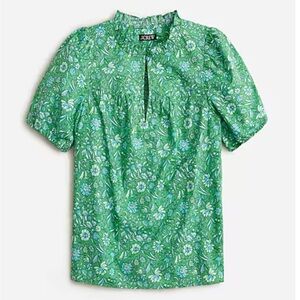 J. Crew Green and Blue Floral Ruffle Neck Top
